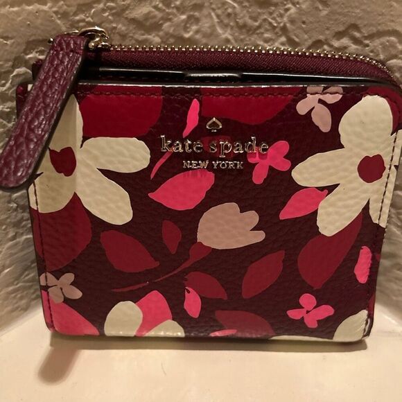 Kate Spade Jackson Forest Floral Small Bifold Wallet Burgundy Pink Cream Mod - Picture 2 of 14